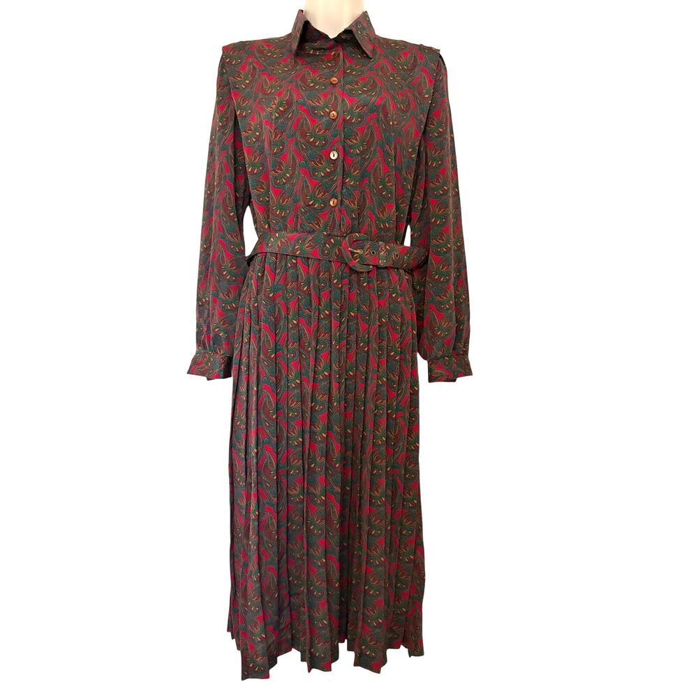 Vintage Union Made Lady Carol Paisley Pleated Midi Shirt Dress Size 8 Belted USA